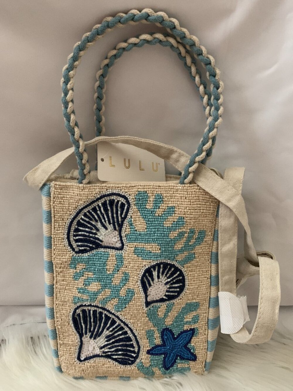 LULU Seashell Seed Beaded Striped Canvas Crossbody Bag in Ivory/Blue